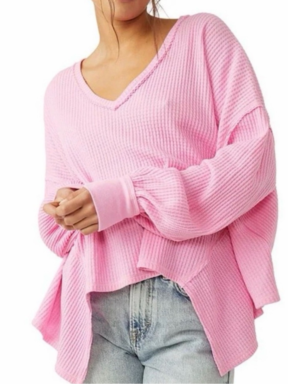 Free People Pink Waffle Knit Oversized Long Sleeve Top Size Small